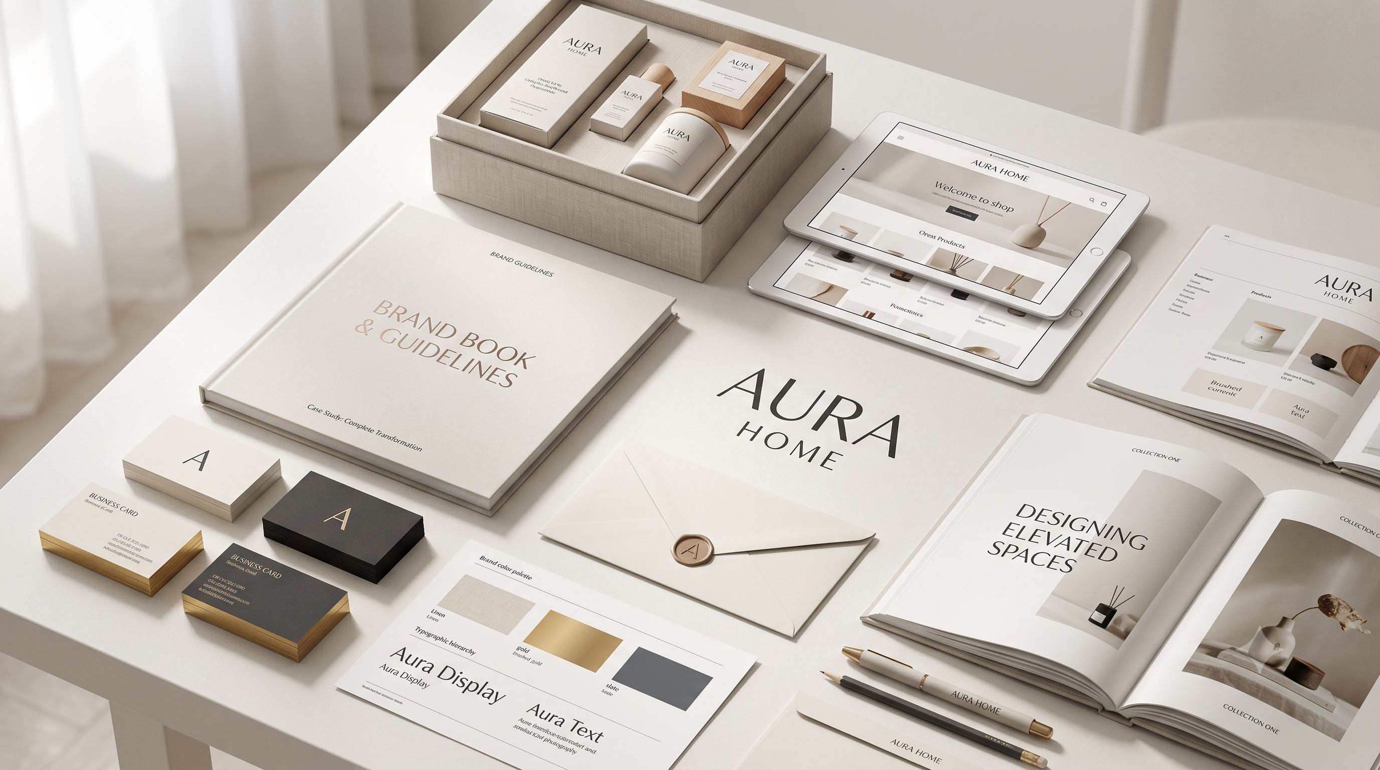 Brand identity system showing logo, type, and colour applications across print and digital.